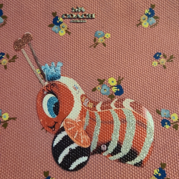 Coach Pink Floral Catepillar Bee Canvas Zipper Wristlet Pouch - Picture 2 of 10
